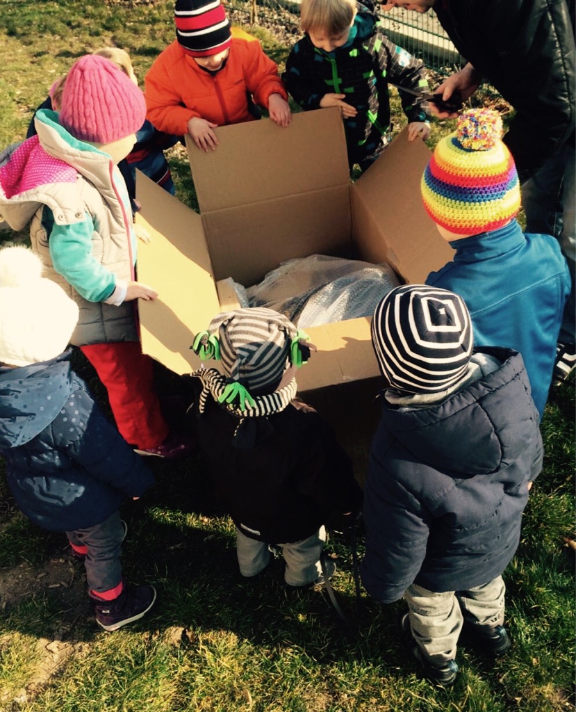 Holzpferdeübergabe Kindergrippe Käferkiste - Marienkäfer e.V. - Auspacken